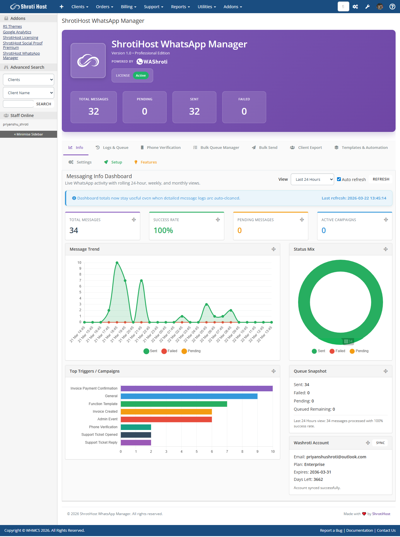 ShrotiHost WhatsApp Manager dashboard preview