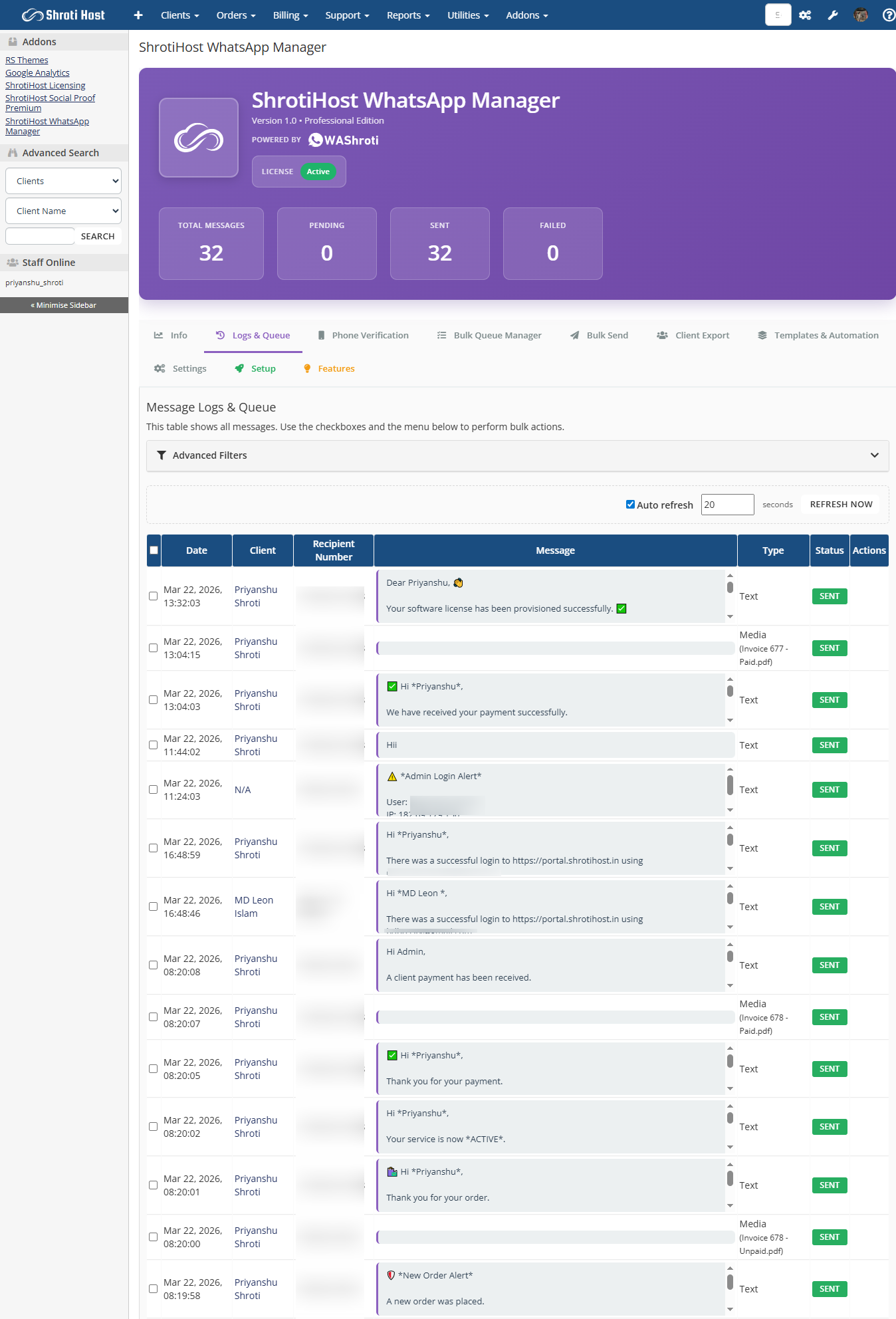 Logs and queue screenshot