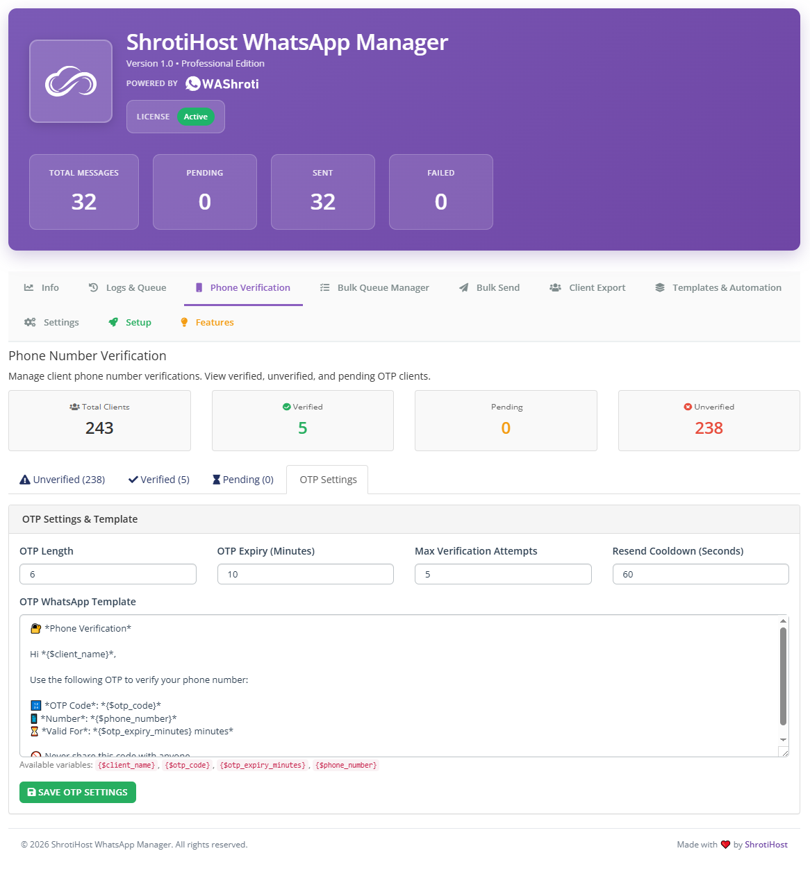 OTP settings screenshot