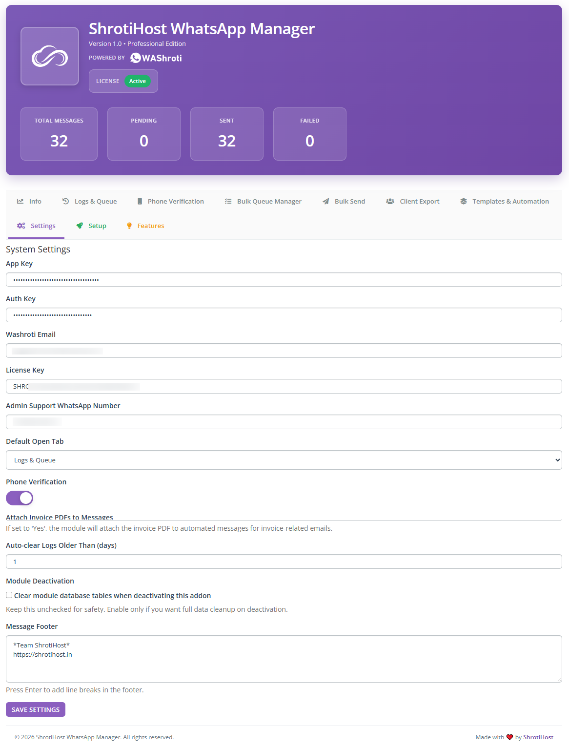 Module settings screenshot