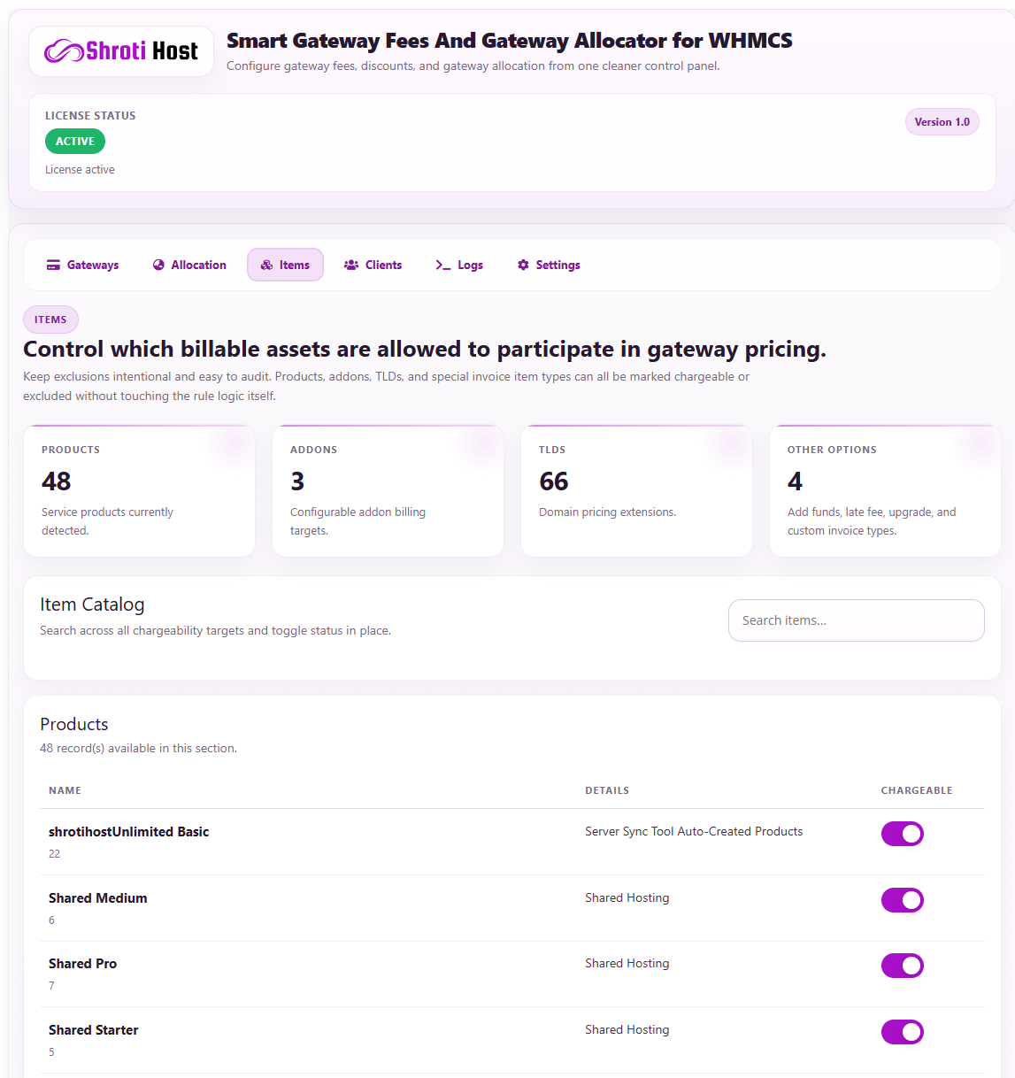 WHMCS billable item control screen for fee and gateway rules