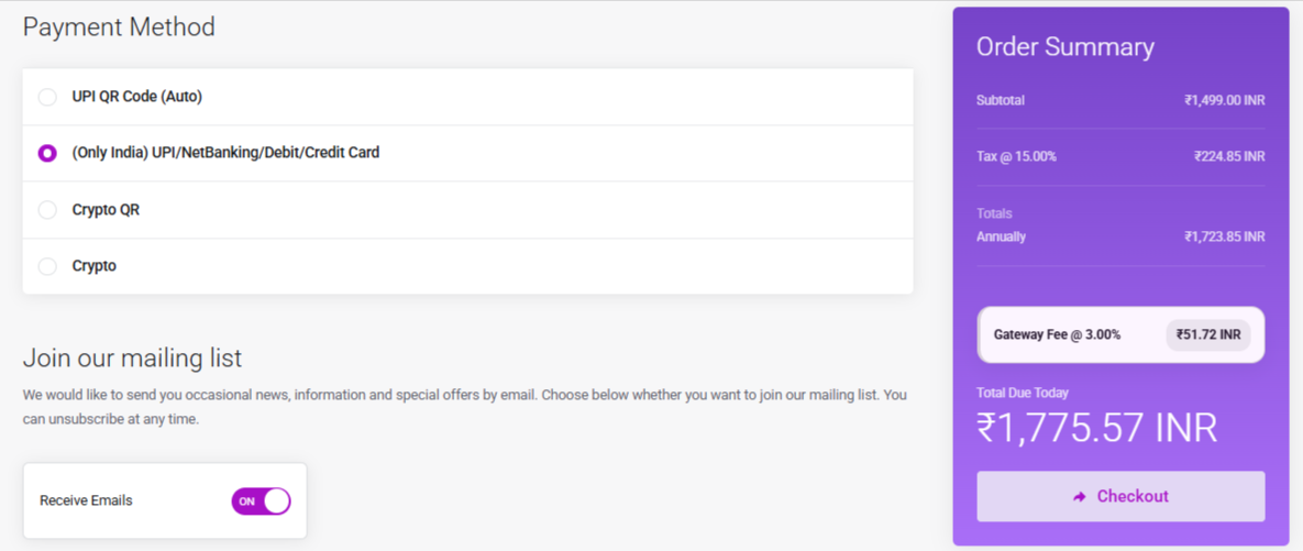 WHMCS checkout showing gateway fee preview in the order summary