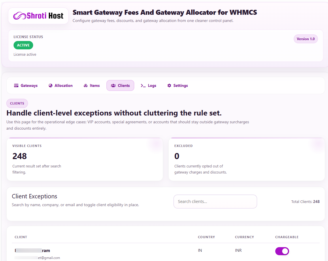 WHMCS client exceptions screen for gateway rules