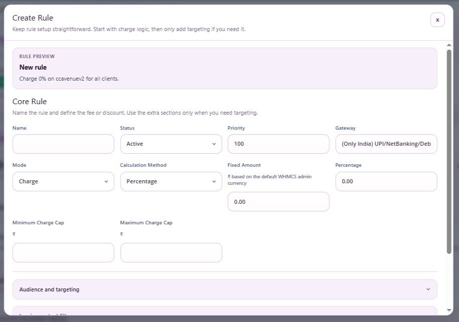 WHMCS modal for creating a gateway rule