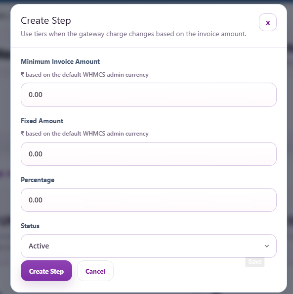 WHMCS modal for creating a gateway allocation step
