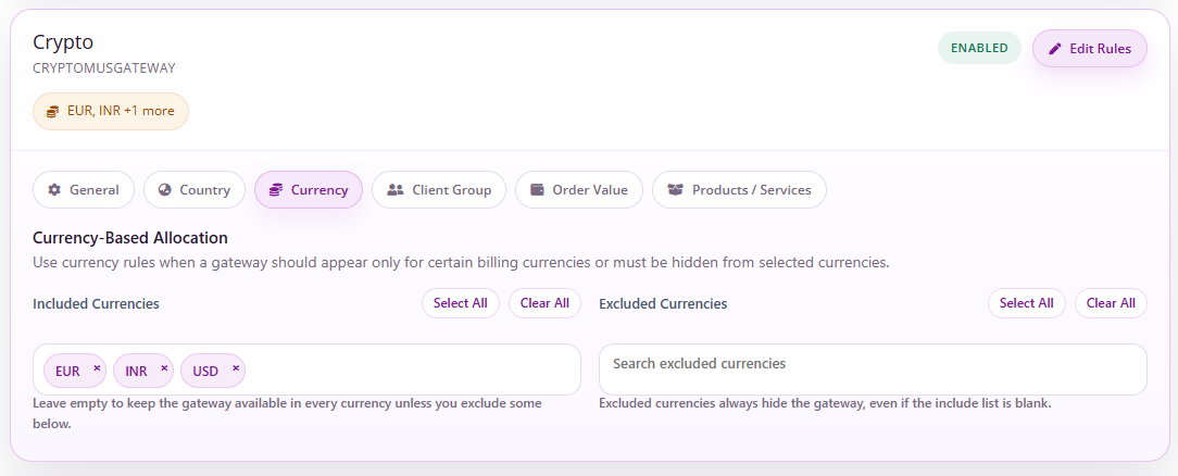 WHMCS currency-based gateway allocation screen