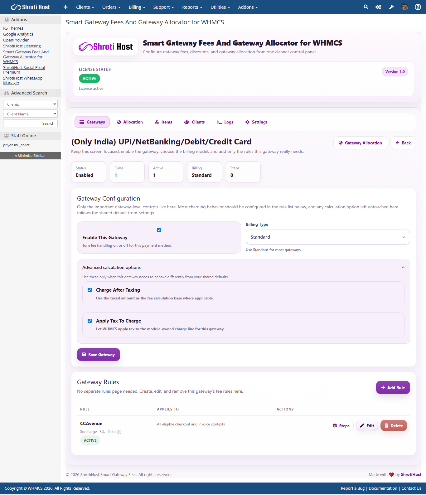 WHMCS gateway configuration screen for the module