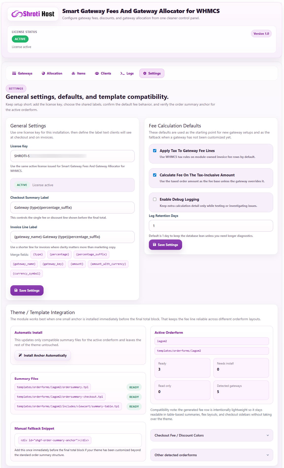 WHMCS settings overview for Smart Gateway Fees and Gateway Allocator